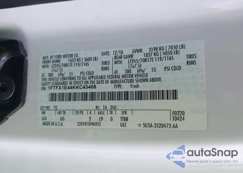 2019 Ford F-150 Xlt z USA, uszkodzony, nr VIN 1FTFX1E44KKC43468